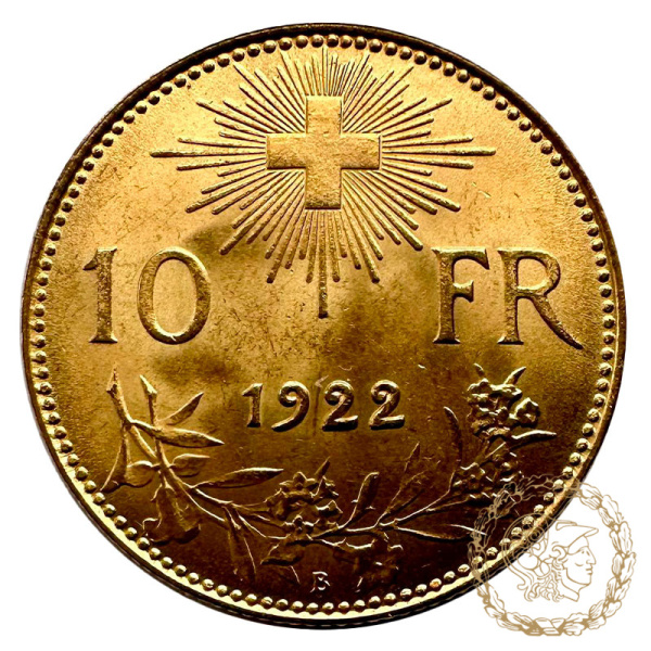 Золота монета 10 франків 1922 рік, Швейцарія. 