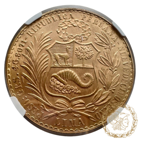 Золота монета 100 солів 1965 рік, Перу. В слабі MS 64
