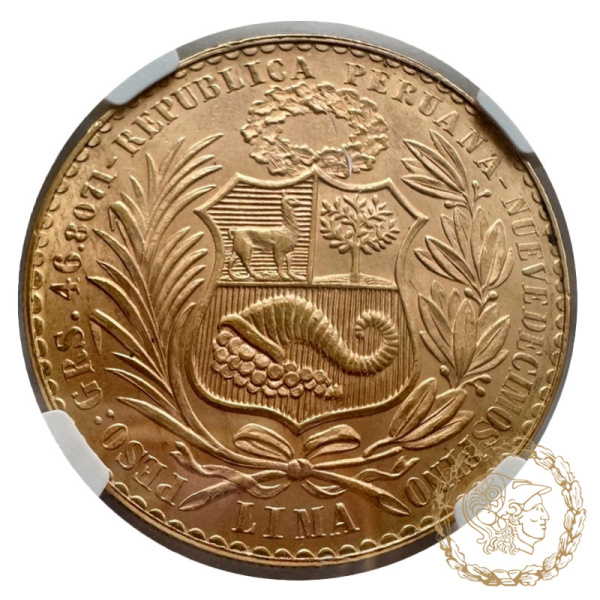 Золота монета 100 солів 1965 рік, Перу. В слабі MS 64