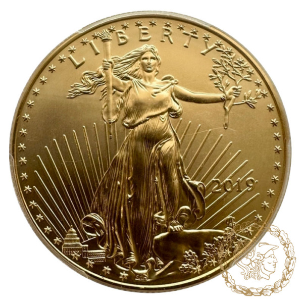 Золота монета 50 доларів 2019 рік, США. Американський беркут в слабі MS  70