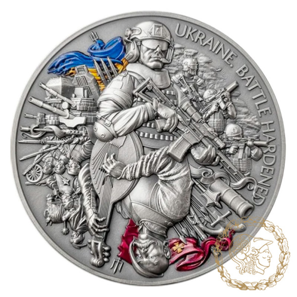 Срібна монета 10 седі 2024 рік Гана, Україна Загартована в боях / UKRAINE BATTLE HARDENED 2 Oz