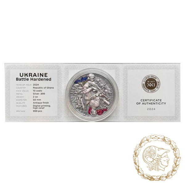 Срібна монета 10 седі 2024 рік Гана, Україна Загартована в боях / UKRAINE BATTLE HARDENED 2 Oz