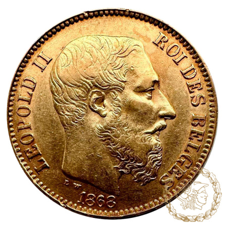 Золота монета 20 франків 1868 рік, Бельгія. Король Леопольд II