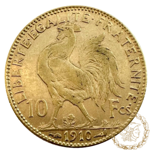 Золота монета 10 франків 1910 рік, Франція. 