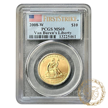 Золота монета 10 доларів 2008 рік, США.  Мартін Ван Бюрен  в слабі MS69