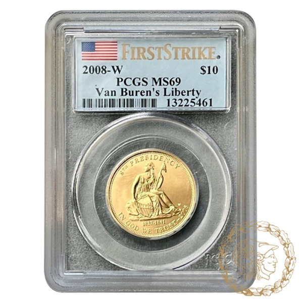 Золота монета 10 доларів 2008 рік, США.  Мартін Ван Бюрен  в слабі MS69