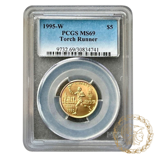 Золота  монета 5 доларів 1995 рік, США. XXVI літні Олімпійські Ігри, Атланта 1996 - Бігун з олімпійським вогнем в слабі MS 69