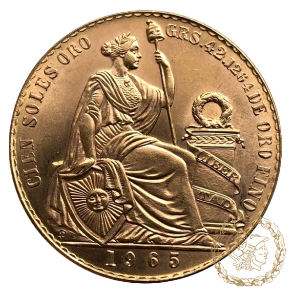 Золота монета 100 солів 1965 рік, Перу. 