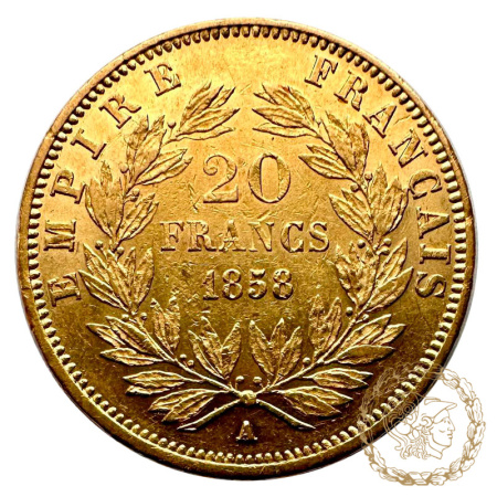 Золота монета 20 франків 1858 рік, Франція. Імператор Наполеон III