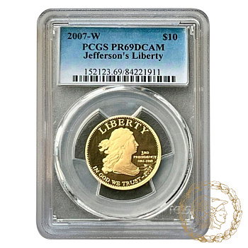 Золота монета 10 доларів 2007 рік, США. Надгробна плита Джефферсона в слабі PF 69