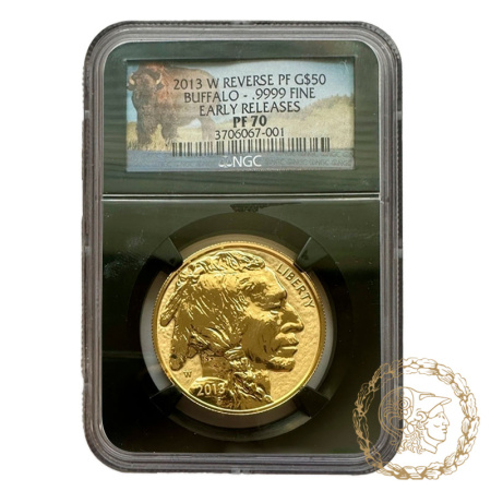 Золота монета 50 доларів 2013 рік, США. Американский бизон в слабі PR 70 Реверс
