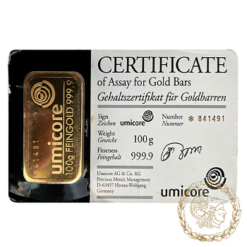 Золотий злиток 100 грамів umicore