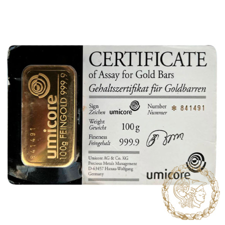 Золотий злиток 100 грамів umicore