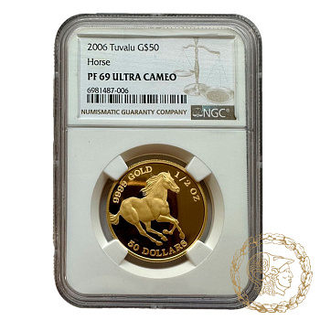 Золота монета 50 доларів 2006 рік, Тувалу. Кінь в слабі PF-69