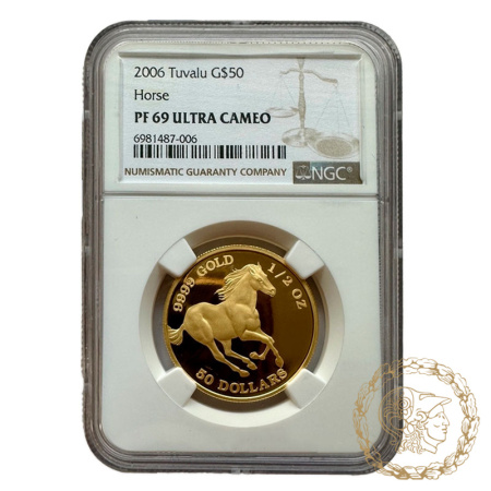 Золота монета 50 доларів 2006 рік, Тувалу. Кінь в слабі PF-69