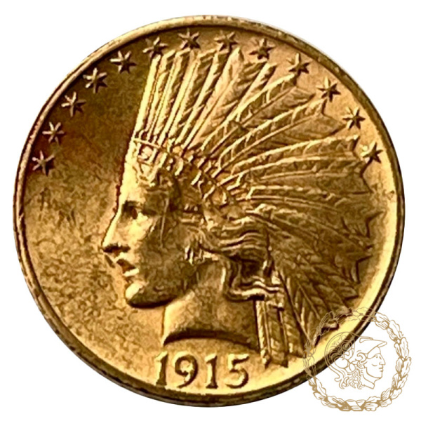 Золота  монета 10 доларів 1915 рік, США. Голова Індіанця