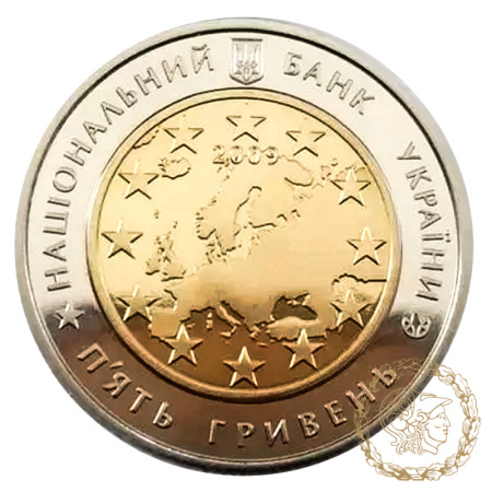 Монета біметалева 5 гривень 2009 рік,  Україна. 60 років Раді Європи
