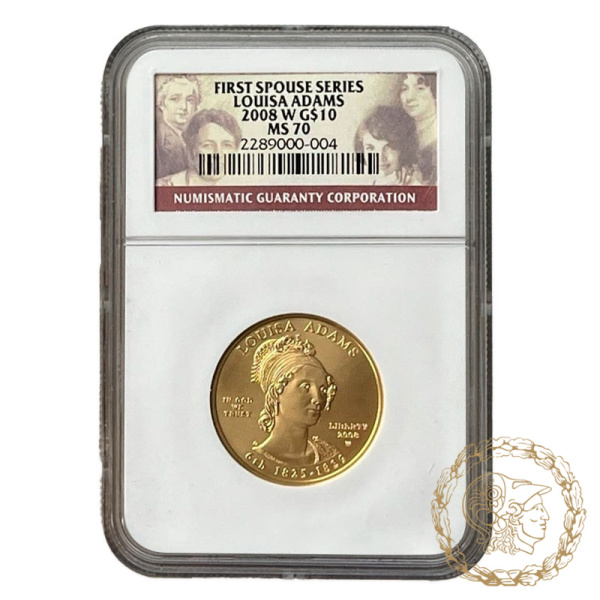 Золота монета 10 доларів 2008 рік, США.  Перші леді - Луїза Адамс (1825–1829)  в слабі MS 70