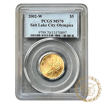 Золота  монета 5 доларів 2002 рік, США. XXI зимові Олімпійські Ігри, Солт-Лейк-Сіті 2002 в слабі MS 70