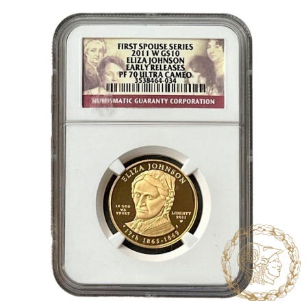 Золота монета 10 доларів 2011 рік, США. Перші леді - Еліза Джонсон (1865-1869) в слабі PF 70