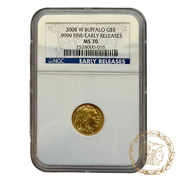Золота  монета 5 доларів 2008 рік, США. Американский буффало в слабі MS 70