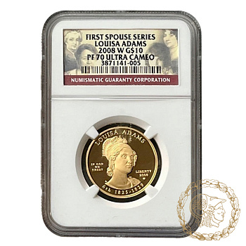 Золота монета 10 доларів 2008 рік, США.  Перші леді - Луїза Адамс (1825–1829)  в слабі PF 70