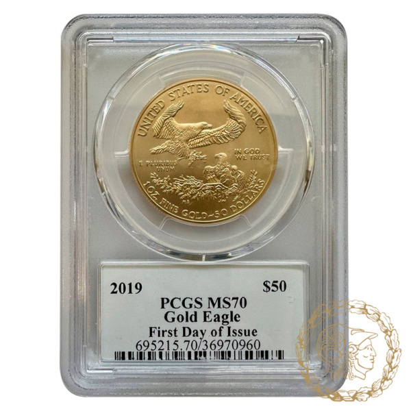 Золота монета 50 доларів 2019 рік, США. Американський беркут в слабі MS  70