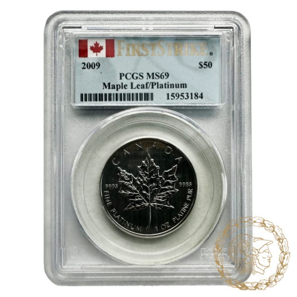 Монета платина 50 доларів 2009 рік, Канада. Кленовий лист в слабі МS 69