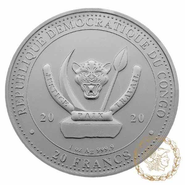 Срібна монета 20 франків 2020 Конго 999 1 Oz Кит