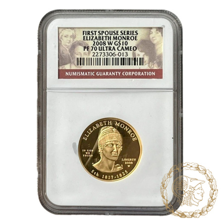Золота монета 10 доларів 2008 рік, США.  Перші леді - Елізабет Монро (1817–1825)  в слабі PF 70