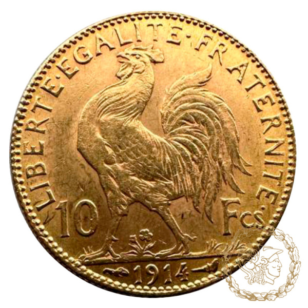 Золота монета 10 франків 1914 рік, Франція. 