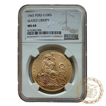 Золота монета 100 солів 1965 рік, Перу. В слабі MS 64