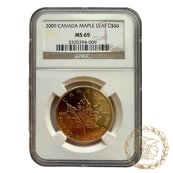 Золота монета 50 доларів 2009 рік, Канада. Кленовий лист в слабі MS  69
