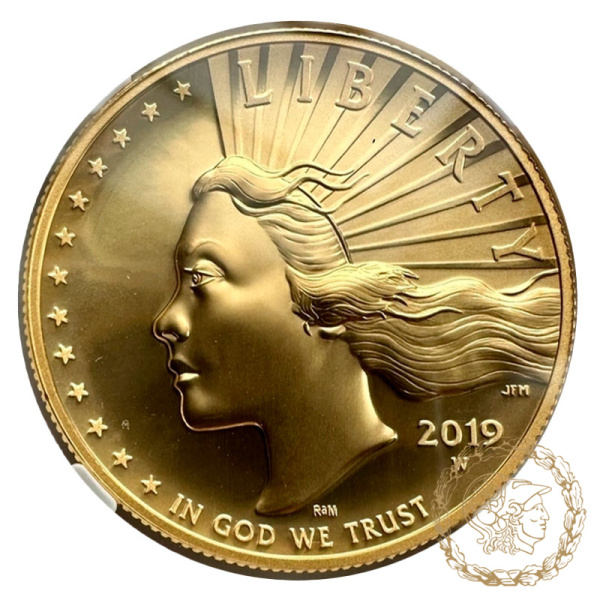Золота монета 100 доларів 2019 рік, США. Американська Свобода в слабі SP 69