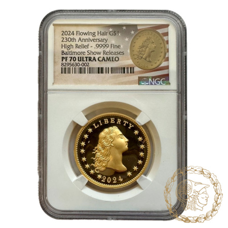 Золота монета 1 долар 2024 рік, США. 230 років Flowing Hair Dollar в слабі PF 70