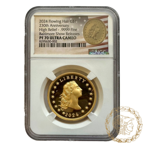 Золота монета 1 долар 2024 рік, США. 230 років Flowing Hair Dollar в слабі PF 70