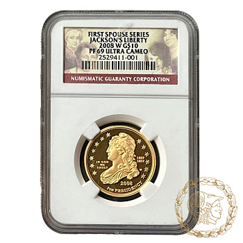 Золота монета 10 доларів 2008 рік, США.  Ендрю Джексон  в слабі PF 69