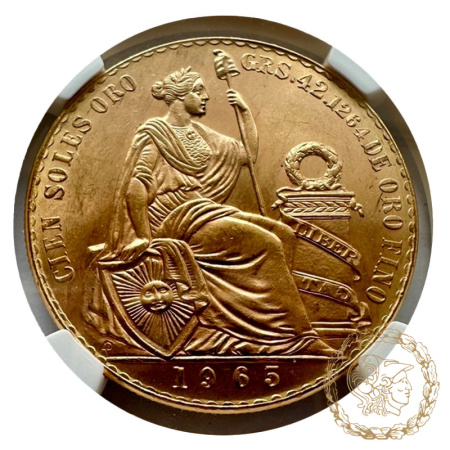 Золота монета 100 солів 1965 рік, Перу. В слабі MS 64