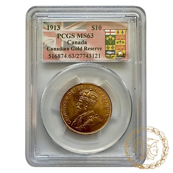 Золота  монета 10 доларів 1913 рік, Канада. Георг V в слабі MS 63 