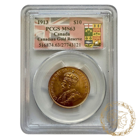Золота  монета 10 доларів 1913 рік, Канада. Георг V в слабі MS 63 