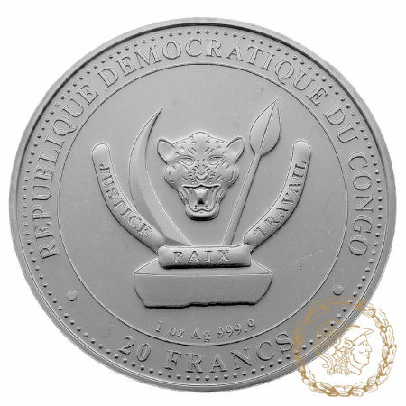 Срібна монета 20 франків 2021 Конго 999 1 Oz Кетцалькоатль